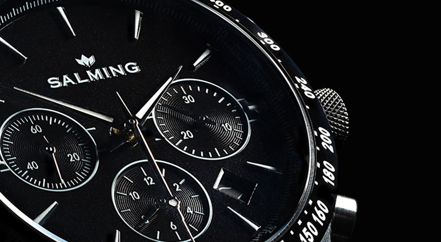 The Salming 1148 chronograph dial in close-up.